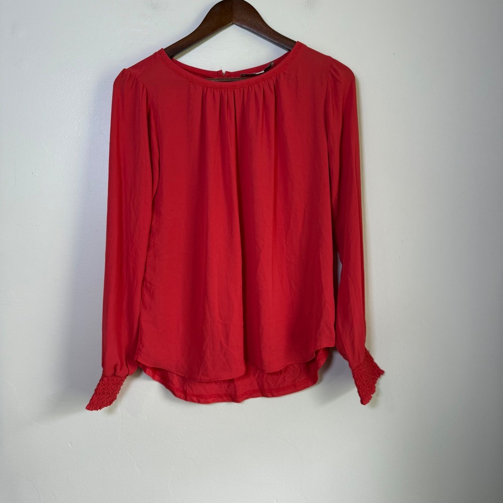 LOFT Pleated Neck Smocked Cuff Long Sleeve‎ Blouse Size XS Red
